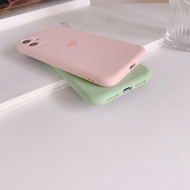 Solid Candy Color Love Heart Phone Case For iPhone 12 Mini 11 Pro Max XR XsMax 13 7 8Puls Cases Soft Silicone Luxury Heart Phone Case Cute Side Small Pattern Soft Shockproof Full Camera Lens Protective Cover