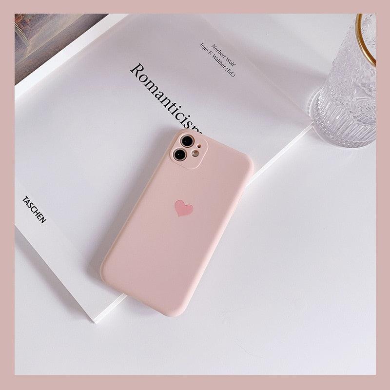 Solid Candy Color Love Heart Phone Case For iPhone 12 Mini 11 Pro Max XR XsMax 13 7 8Puls Cases Soft Silicone Luxury Heart Phone Case Cute Side Small Pattern Soft Shockproof Full Camera Lens Protective Cover