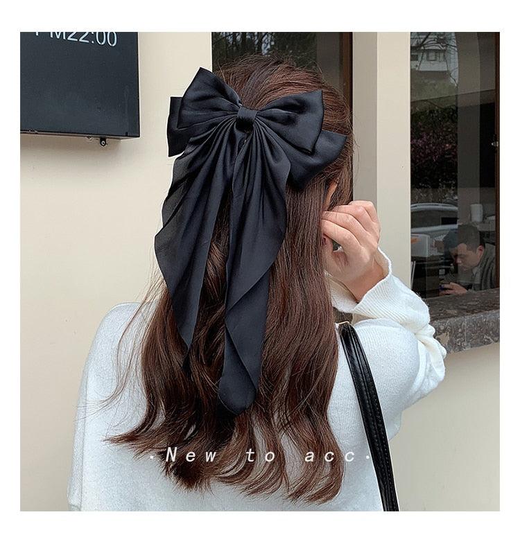 Solid Color Big Large Satin Bow Hairpins Barrettes For Women Girl Wedding Long Ribbon Hair Clip Fashion Hairgrips Accessories For Party