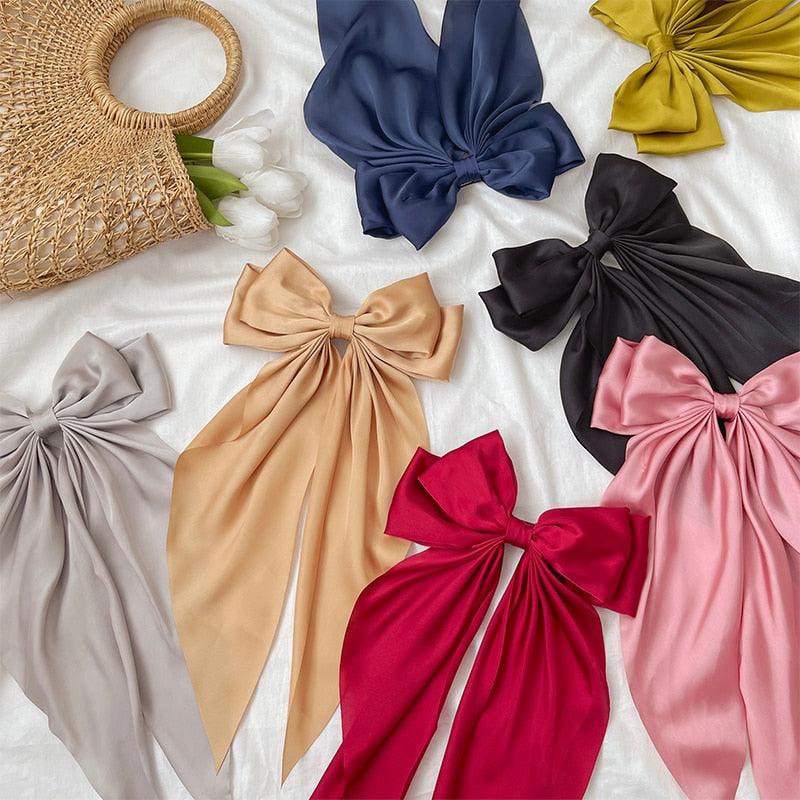 Solid Color Big Large Satin Bow Hairpins Barrettes For Women Girl Wedding Long Ribbon Hair Clip Fashion Hairgrips Accessories For Party