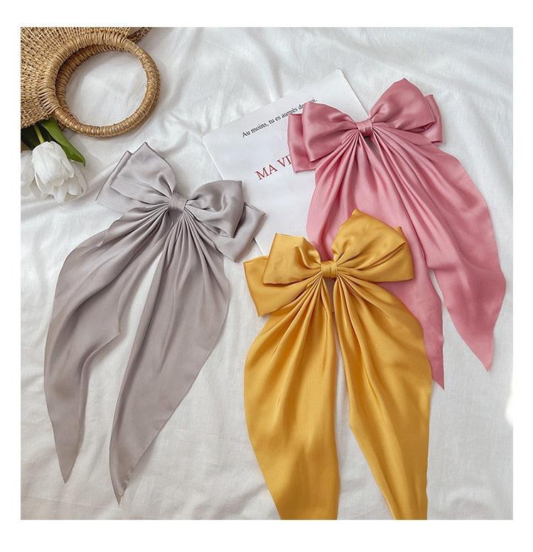 Solid Color Big Large Satin Bow Hairpins Barrettes For Women Girl Wedding Long Ribbon Hair Clip Fashion Hairgrips Accessories For Party