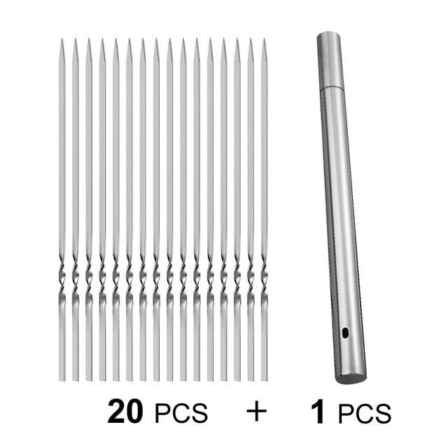 Stainless Steel Barbeque Skewer Storage Tube Reusable Grill Sticks Flat BBQ Fork BBQ Utensil Kitchen Outdoor Camping Accessories Kebab Skewers with Portable Metal Storage Tube Reusable for Grilling Barbecue Kitchen Party and Outdoor Cooking