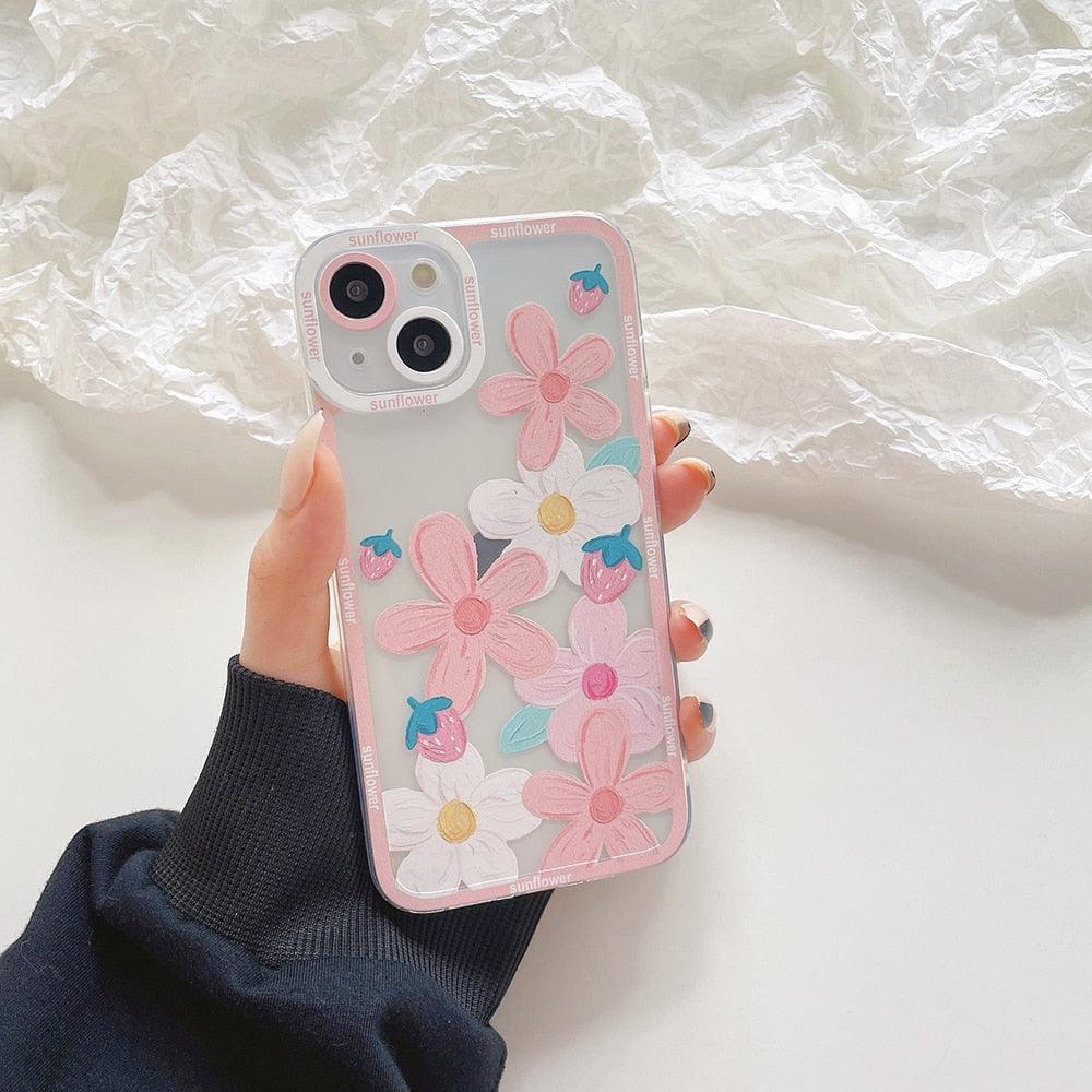 Strawberry Fashion Retro Flowers Clear Phone Case For iPhone 14 11 12 13 Pro XR XS Max X 8 Plus Soft Shockproof Pattern Soft Silicone Shockproof Case for Women Girls Cute Pattern Slim Phone Case