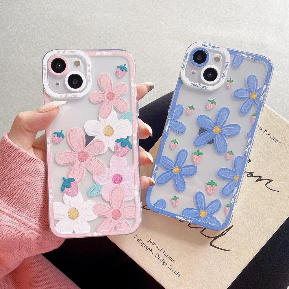 Strawberry Fashion Retro Flowers Clear Phone Case For iPhone 14 11 12 13 Pro XR XS Max X 8 Plus Soft Shockproof Pattern Soft Silicone Shockproof Case for Women Girls Cute Pattern Slim Phone Case