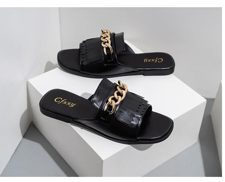 Summer New Women Slippers Open-Toe Flat Slippers Fashion Buckle Beach Slides Casual Flip Flops Women Shoes Slip On Comfortable Pointed Toe Loafers Women Luxury Black Sandals