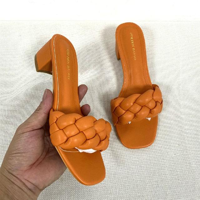Summer Solid Weave Women Square Heel Sandal Fashion Thick High Heels Outdoor Party Slides Sandals Womens Open Toe Flat Slip-on Leather Weave Casual Walking Slippers Flip Flop