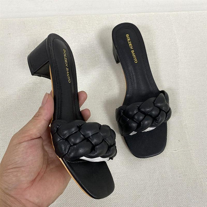 Summer Solid Weave Women Square Heel Sandal Fashion Thick High Heels Outdoor Party Slides Sandals Womens Open Toe Flat Slip-on Leather Weave Casual Walking Slippers Flip Flop