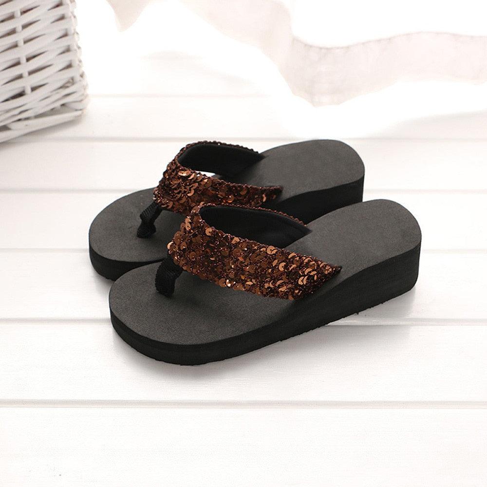 Summer Women Flip Flops Casual Sequins Anti-Slip Slippers Beach Flip Flat Sandals Beach Open Toe Shoes Womens Glitter Bling Fancy Slide Flat Low Sparkle Sandals Elegant Shoes