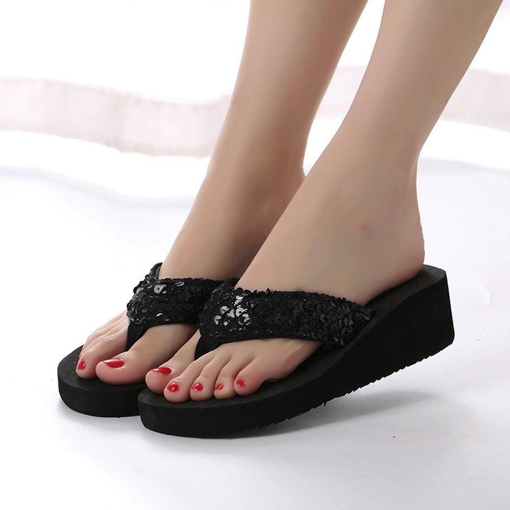Summer Women Flip Flops Casual Sequins Anti-Slip Slippers Beach Flip Flat Sandals Beach Open Toe Shoes Womens Glitter Bling Fancy Slide Flat Low Sparkle Sandals Elegant Shoes