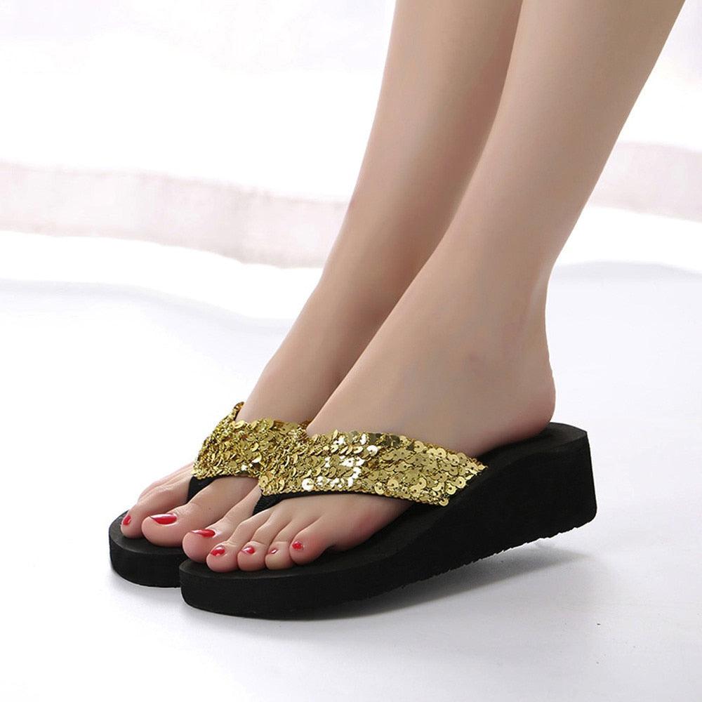 Summer Women Flip Flops Casual Sequins Anti-Slip Slippers Beach Flip Flat Sandals Beach Open Toe Shoes Womens Glitter Bling Fancy Slide Flat Low Sparkle Sandals Elegant Shoes