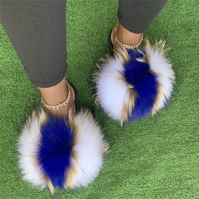 Summer Women Raccoon Fur Slippers Plush Slides Furry Sandals Fluffy House Shoes Girl's Cute Flip Flops Sandal With Soft Furry Faux Fox Fur House Outdoor Multicolor Slippers