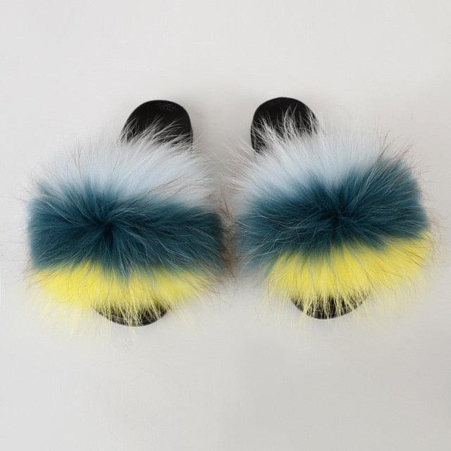 Summer Women Raccoon Fur Slippers Plush Slides Furry Sandals Fluffy House Shoes Girl's Cute Flip Flops Sandal With Soft Furry Faux Fox Fur House Outdoor Multicolor Slippers