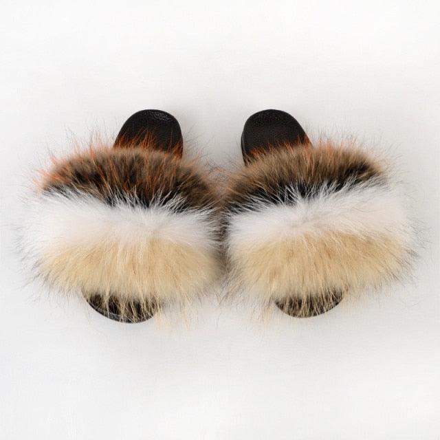 Summer Women Raccoon Fur Slippers Plush Slides Furry Sandals Fluffy House Shoes Girl's Cute Flip Flops Sandal With Soft Furry Faux Fox Fur House Outdoor Multicolor Slippers