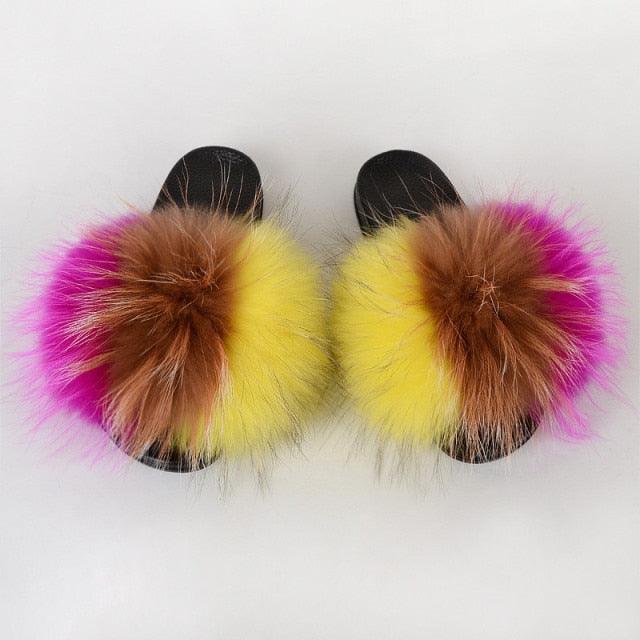 Summer Women Raccoon Fur Slippers Plush Slides Furry Sandals Fluffy House Shoes Girl's Cute Flip Flops Sandal With Soft Furry Faux Fox Fur House Outdoor Multicolor Slippers