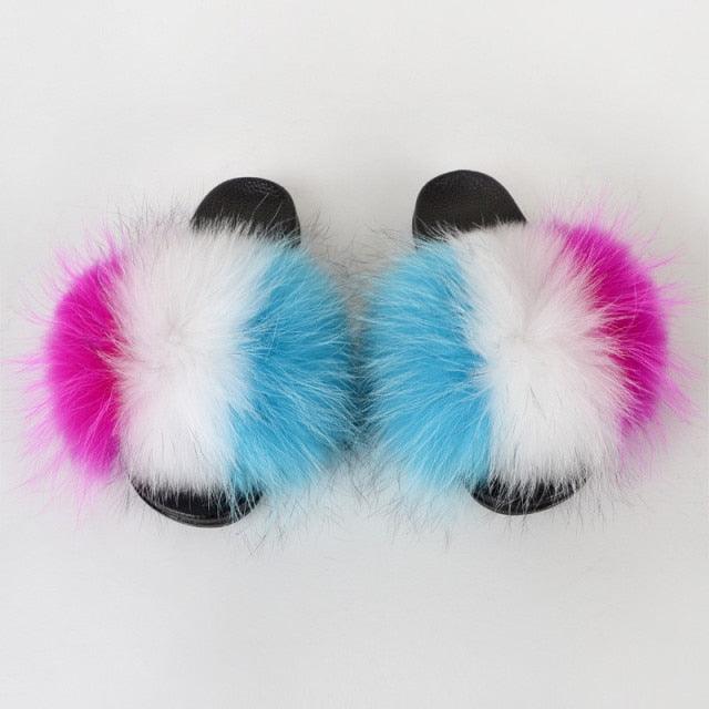 Summer Women Raccoon Fur Slippers Plush Slides Furry Sandals Fluffy House Shoes Girl's Cute Flip Flops Sandal With Soft Furry Faux Fox Fur House Outdoor Multicolor Slippers