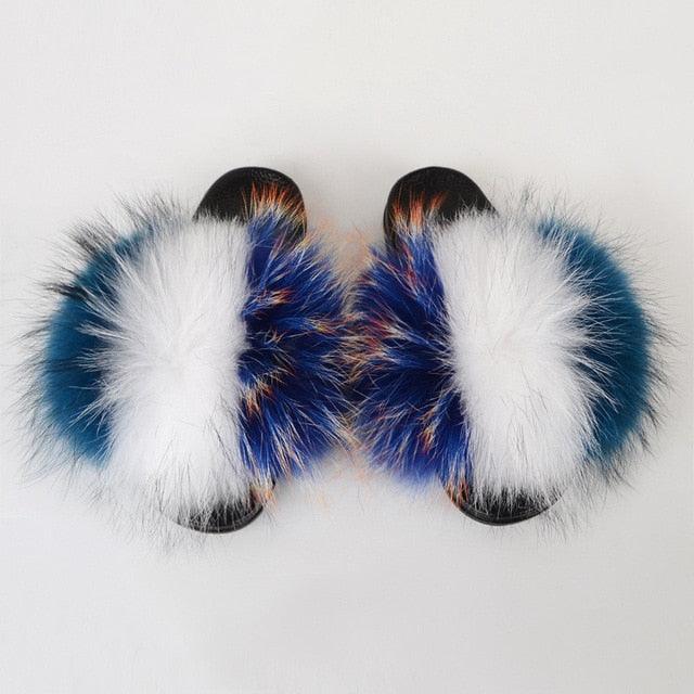 Summer Women Raccoon Fur Slippers Plush Slides Furry Sandals Fluffy House Shoes Girl's Cute Flip Flops Sandal With Soft Furry Faux Fox Fur House Outdoor Multicolor Slippers