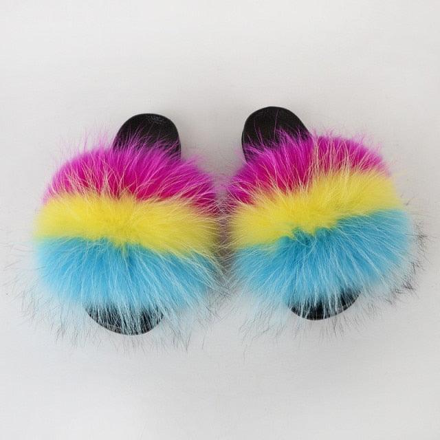 Summer Women Raccoon Fur Slippers Plush Slides Furry Sandals Fluffy House Shoes Girl's Cute Flip Flops Sandal With Soft Furry Faux Fox Fur House Outdoor Multicolor Slippers