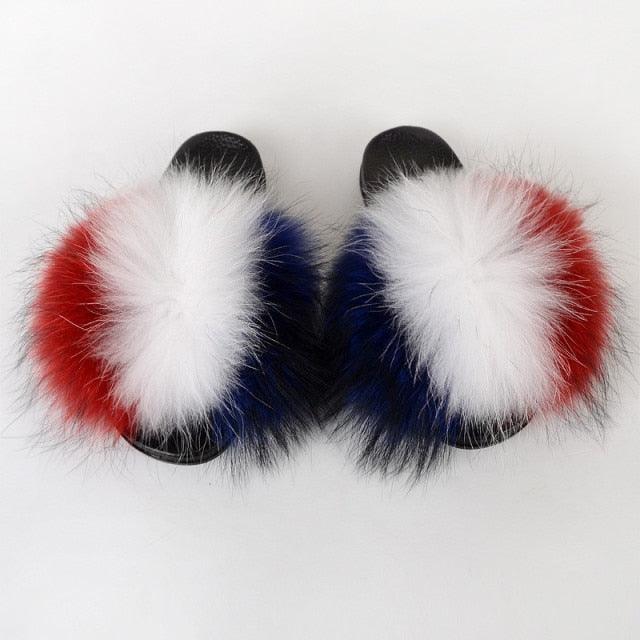 Summer Women Raccoon Fur Slippers Plush Slides Furry Sandals Fluffy House Shoes Girl's Cute Flip Flops Sandal With Soft Furry Faux Fox Fur House Outdoor Multicolor Slippers