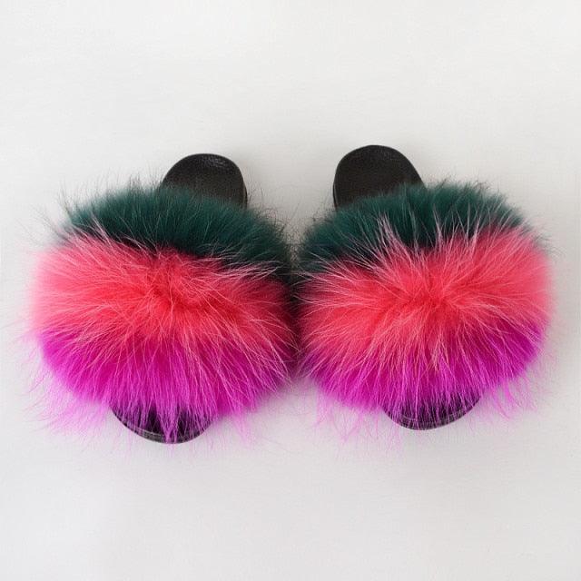 Summer Women Raccoon Fur Slippers Plush Slides Furry Sandals Fluffy House Shoes Girl's Cute Flip Flops Sandal With Soft Furry Faux Fox Fur House Outdoor Multicolor Slippers