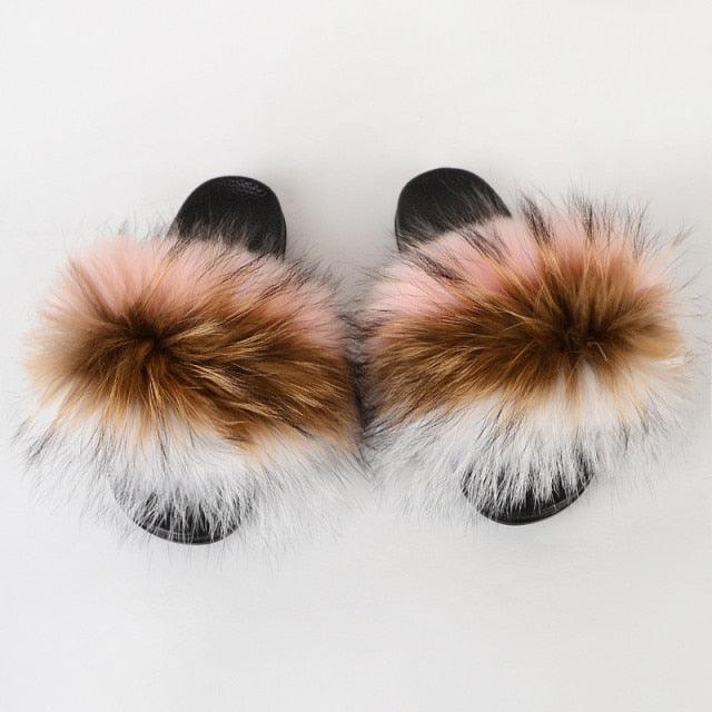 Summer Women Raccoon Fur Slippers Plush Slides Furry Sandals Fluffy House Shoes Girl's Cute Flip Flops Sandal With Soft Furry Faux Fox Fur House Outdoor Multicolor Slippers