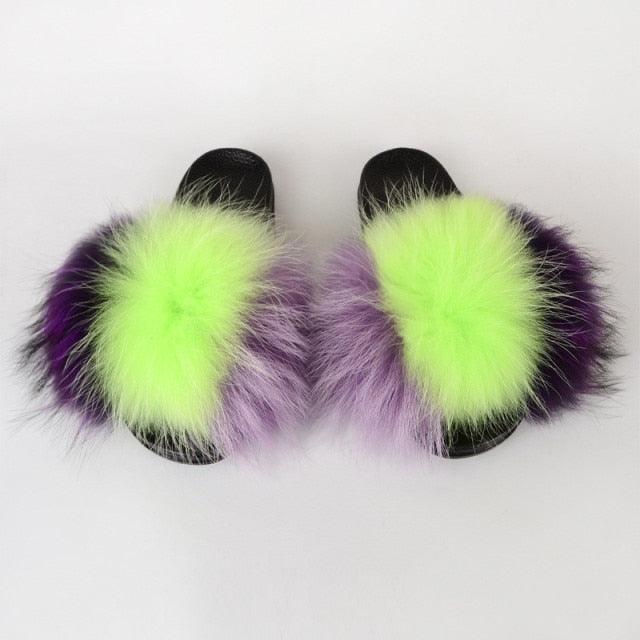 Summer Women Raccoon Fur Slippers Plush Slides Furry Sandals Fluffy House Shoes Girl's Cute Flip Flops Sandal With Soft Furry Faux Fox Fur House Outdoor Multicolor Slippers