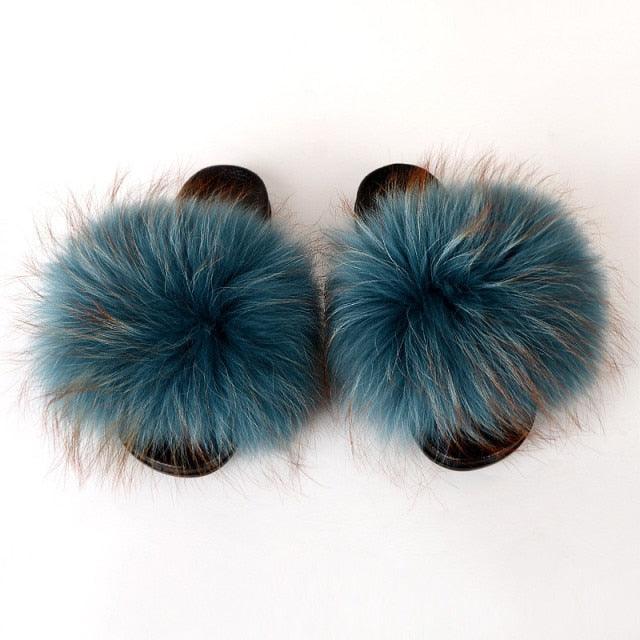 Summer Women Raccoon Fur Slippers Plush Slides Furry Sandals Fluffy House Shoes Girl's Cute Flip Flops Sandal With Soft Furry Faux Fox Fur House Outdoor Multicolor Slippers