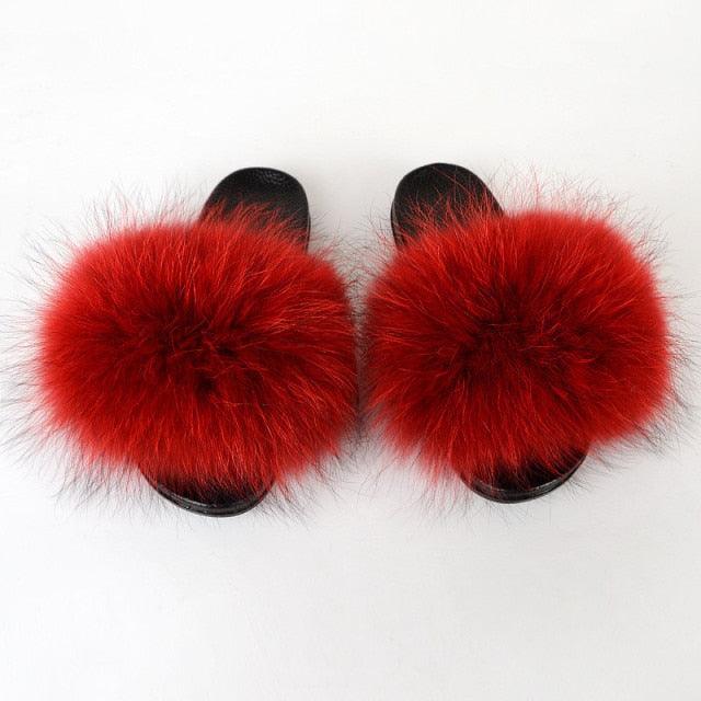 Summer Women Raccoon Fur Slippers Plush Slides Furry Sandals Fluffy House Shoes Girl's Cute Flip Flops Sandal With Soft Furry Faux Fox Fur House Outdoor Multicolor Slippers