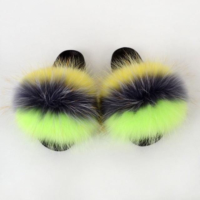 Summer Women Raccoon Fur Slippers Plush Slides Furry Sandals Fluffy House Shoes Girl's Cute Flip Flops Sandal With Soft Furry Faux Fox Fur House Outdoor Multicolor Slippers