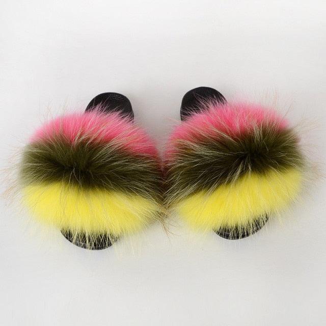 Summer Women Raccoon Fur Slippers Plush Slides Furry Sandals Fluffy House Shoes Girl's Cute Flip Flops Sandal With Soft Furry Faux Fox Fur House Outdoor Multicolor Slippers