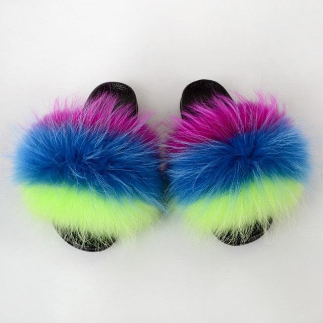 Summer Women Raccoon Fur Slippers Plush Slides Furry Sandals Fluffy House Shoes Girl's Cute Flip Flops Sandal With Soft Furry Faux Fox Fur House Outdoor Multicolor Slippers