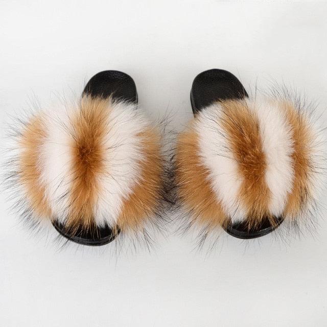 Summer Women Raccoon Fur Slippers Plush Slides Furry Sandals Fluffy House Shoes Girl's Cute Flip Flops Sandal With Soft Furry Faux Fox Fur House Outdoor Multicolor Slippers