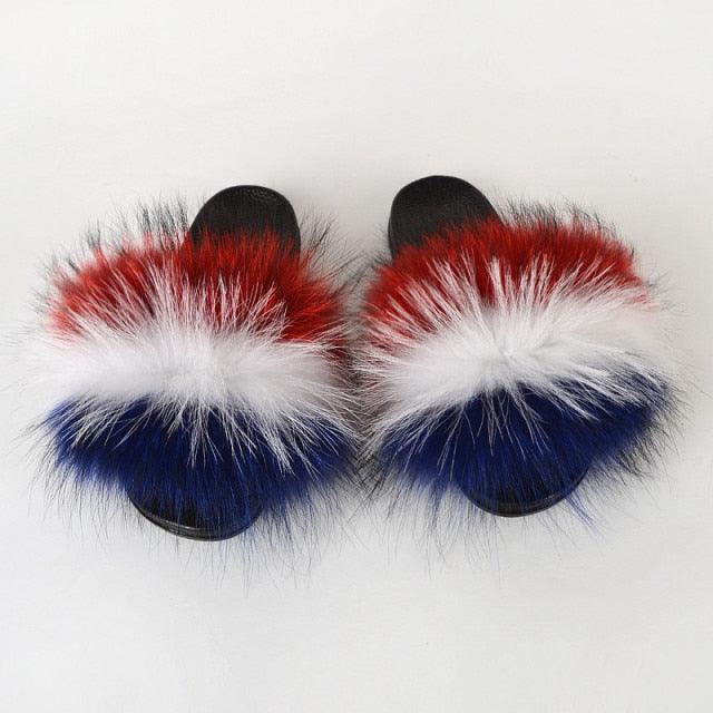 Summer Women Raccoon Fur Slippers Plush Slides Furry Sandals Fluffy House Shoes Girl's Cute Flip Flops Sandal With Soft Furry Faux Fox Fur House Outdoor Multicolor Slippers