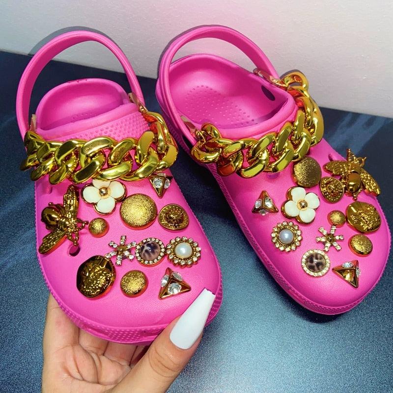 Summer Women Slippers Shoes With Charms Jewelry Garden Shoes Wedges Platform Sandals Antiskid Clogs Crystal Shoe Charms For Clog Sandals Jewelry Pearl Rhinestones Diamond Bling Shoe Decoration Fits Hole Shoes For Women