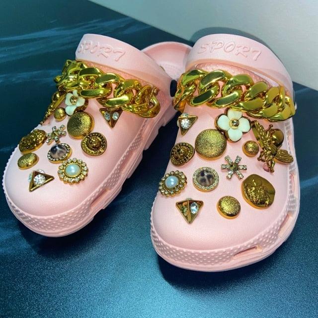 Summer Women Slippers Shoes With Charms Jewelry Garden Shoes Wedges Platform Sandals Antiskid Clogs Crystal Shoe Charms For Clog Sandals Jewelry Pearl Rhinestones Diamond Bling Shoe Decoration Fits Hole Shoes For Women