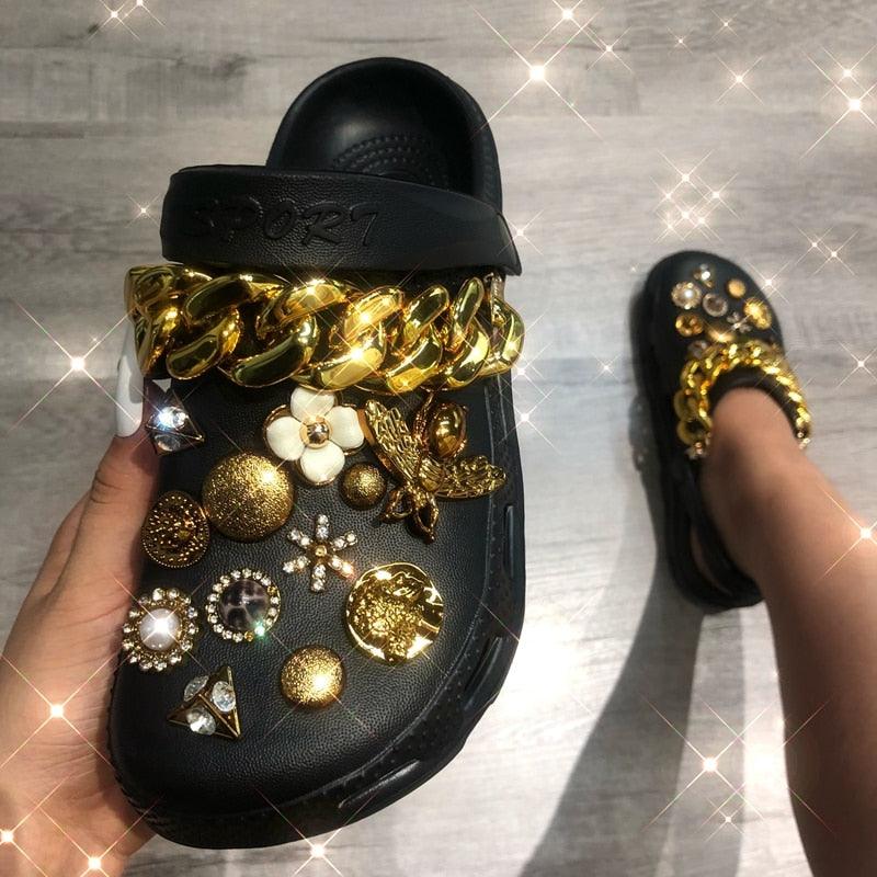 Summer Women Slippers Shoes With Charms Jewelry Garden Shoes Wedges Platform Sandals Antiskid Clogs Crystal Shoe Charms For Clog Sandals Jewelry Pearl Rhinestones Diamond Bling Shoe Decoration Fits Hole Shoes For Women
