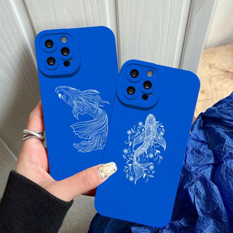 Super Blue Fish Phone Case For iPhone 7 8 Plus SE 13 Pro Max XS 11 12 Pro Max X XR Line White Fish Soft Silicone Protective Covers Camera Lens Protection Soft Silicone Shockproof Design