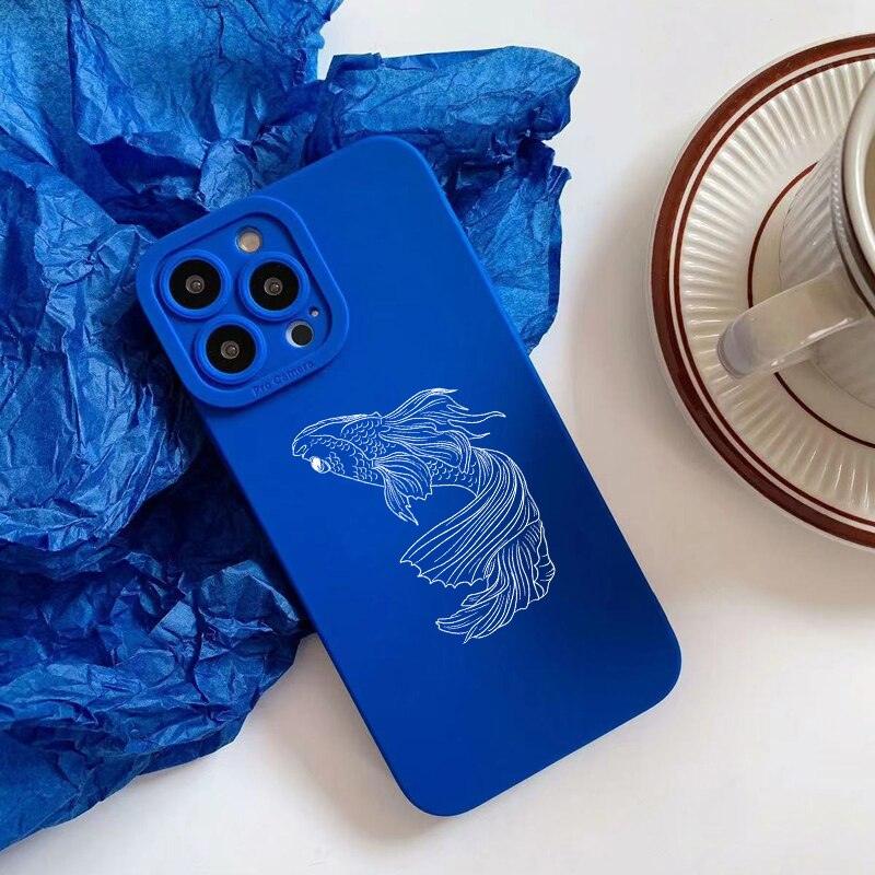 Super Blue Fish Phone Case For iPhone 7 8 Plus SE 13 Pro Max XS 11 12 Pro Max X XR Line White Fish Soft Silicone Protective Covers Camera Lens Protection Soft Silicone Shockproof Design