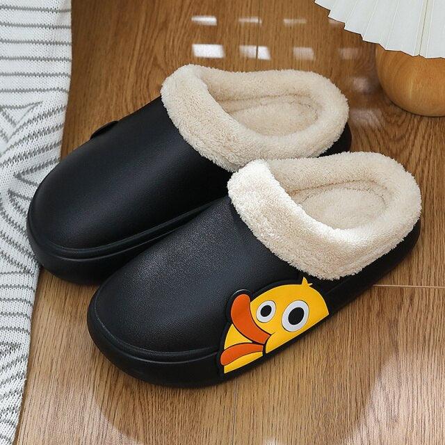 Thick Platform Winter Women Waterproof Non-Slip Home Rubber Slippers Warm Indoor Fur Cotton Women's Cozy Memory Foam Closed Back Slippers Wool-Like Blend Cotton House Shoes