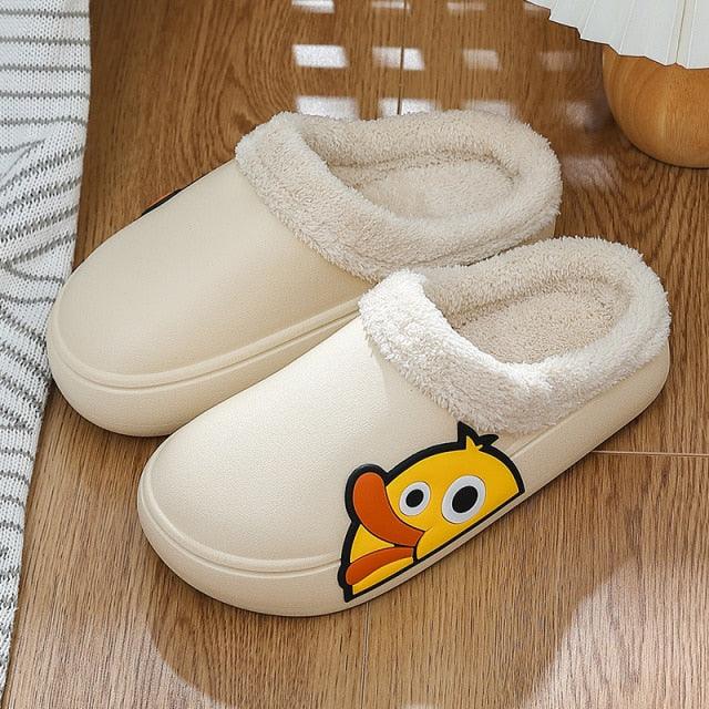 Thick Platform Winter Women Waterproof Non-Slip Home Rubber Slippers Warm Indoor Fur Cotton Women's Cozy Memory Foam Closed Back Slippers Wool-Like Blend Cotton House Shoes