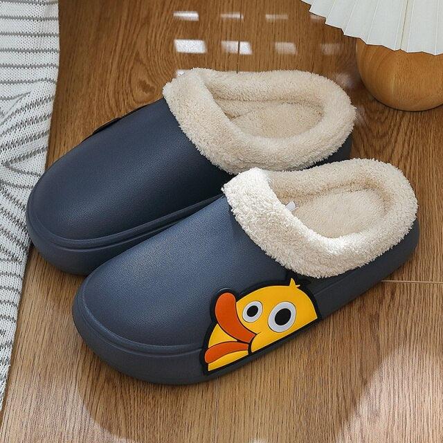 Thick Platform Winter Women Waterproof Non-Slip Home Rubber Slippers Warm Indoor Fur Cotton Women's Cozy Memory Foam Closed Back Slippers Wool-Like Blend Cotton House Shoes