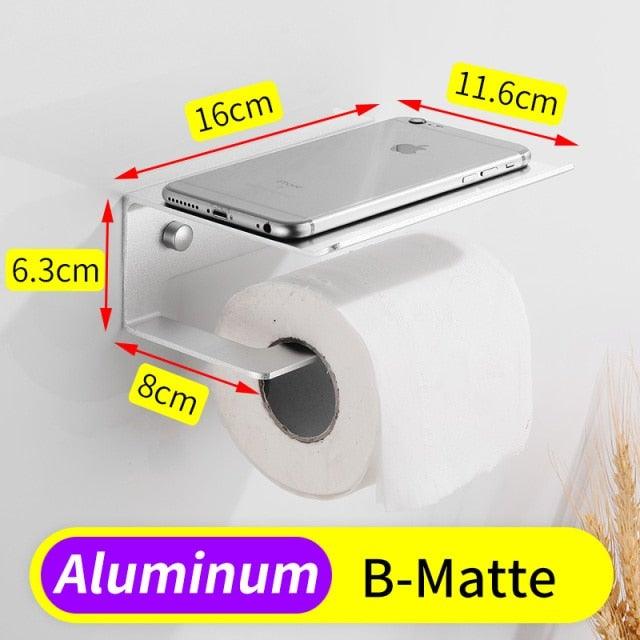 Toilet Paper Holder Phone Bathroom Roll Holder Aluminum Paper Holder with Shelf Black Double Paper Towel Holder Wall Mount Tissue Roll Hanger With Storage Shelf Space Aluminum Self Adhesive With Glue Wall Mount With Screws