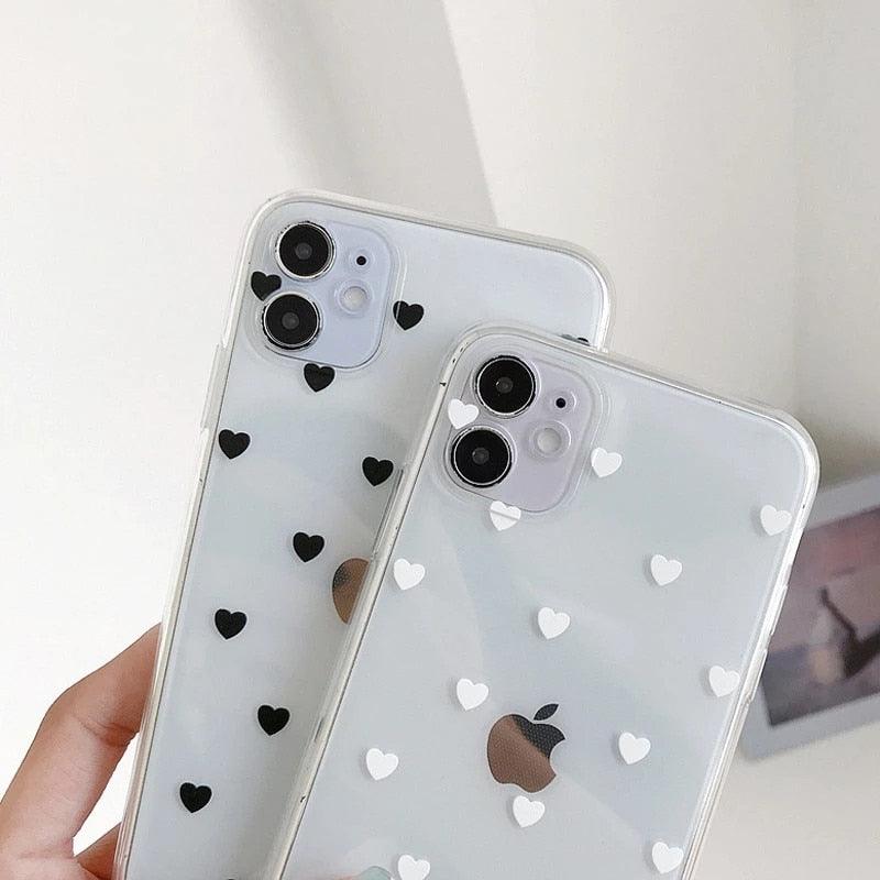 Transparent Couples Heart Phone Case For iPhone 11 12 Pro Max Mini X XR XS Max 7 8 Plus SE Soft Back Cute Clear Heart Love Pattern Print for Girls Women Slim Thin Soft Silicone Fashion Luxury Transparent Phone Case Black