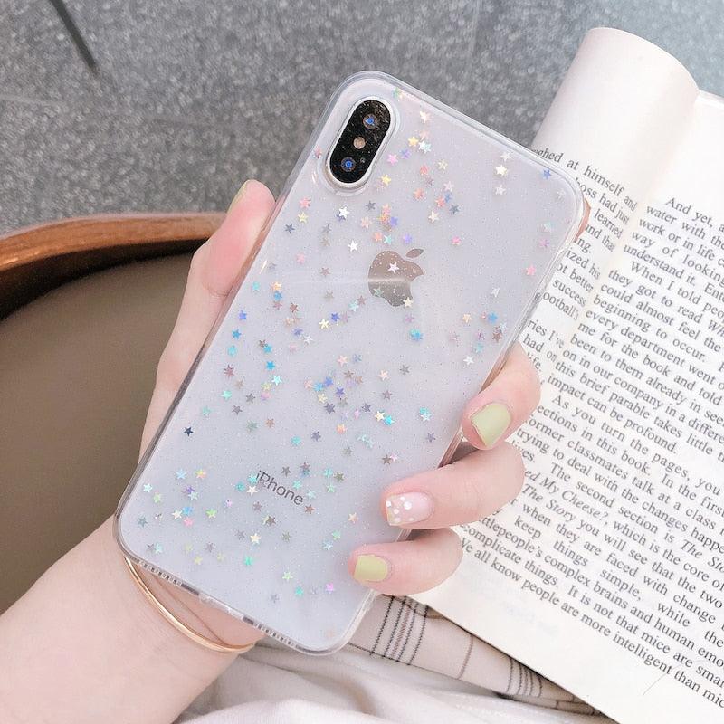 Transparent Glitter Phone Case For iPhone 11 12 13 14 Pro Max Love Heart Star Sequins Soft Clear Cover Shiny Sparkle Cover With Mini Heart Soft Lightweight Slim Protective Phone Cases Shockproof Flexible Bumper Cover for Women