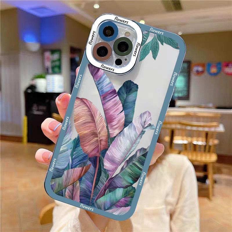 Tree Leaves Plant Flowers Clear Phone Case For iphone X XR XS 11 12 13 14 Pro Max 7 8 Plus SE2 Tropical Back Cover Vintage Clear Flower Protector iPhone Cases Cover Designed for Girls Women