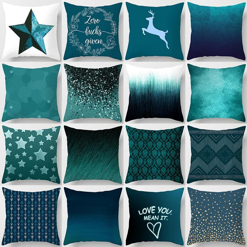 Trend Color Teal Blue Cushion Cover Polyester Geometric Teal Decorative Throw Pillows Covers For Couch Living Room Bedroom Pillow Cover Decorative Pillows Home Decoration Throw Pillowcase 45x45CM