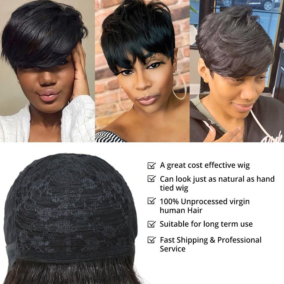 Trending Natural Color Short Bob Straight Human Wigs With Bangs Brazilian Virgin Hair Pixie Cut Wig Human Hair Wig For Black Women Gifts for Girlfriends