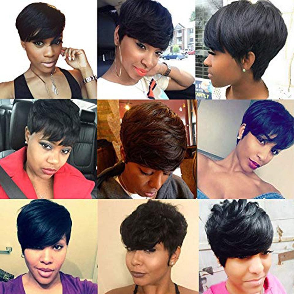 Trending Natural Color Short Bob Straight Human Wigs With Bangs Brazilian Virgin Hair Pixie Cut Wig Human Hair Wig For Black Women Gifts for Girlfriends