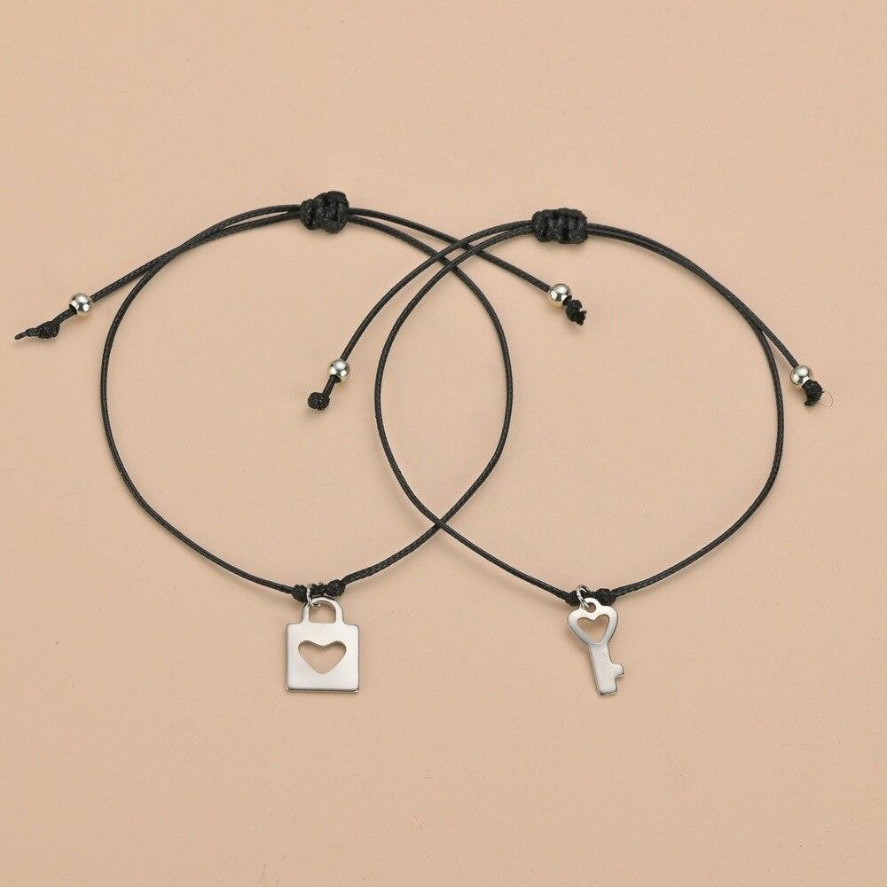 Trendy Couple Bracelet For Friend Alloy Lock Key Design Black Color Rope Bracelet Matching Long Distance Heart Lock Key Pedant Bracelet Set Vintage Black Weave Rope Love Heart Lock Key Adjustable Bracelet For Best Friends