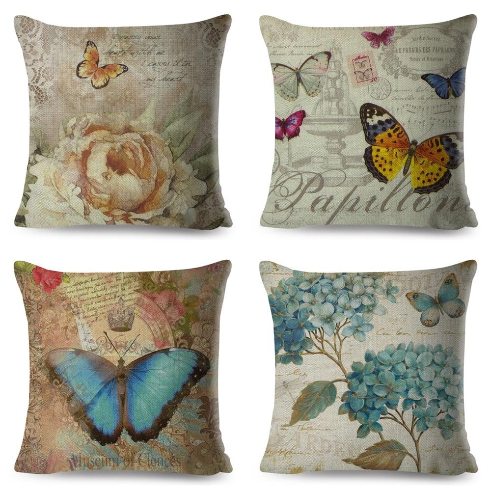 Vintage Europe Style ButteLight Blue Pattern Throw Pillow Covers Old Poster Pillowcase Cotton / Polyester Cushion Cover for Sofa Home Kids Room Butterfly Figure Embellished with Orchid Artistic Leaves Graphic Decorative Square Accent Pillow Case
