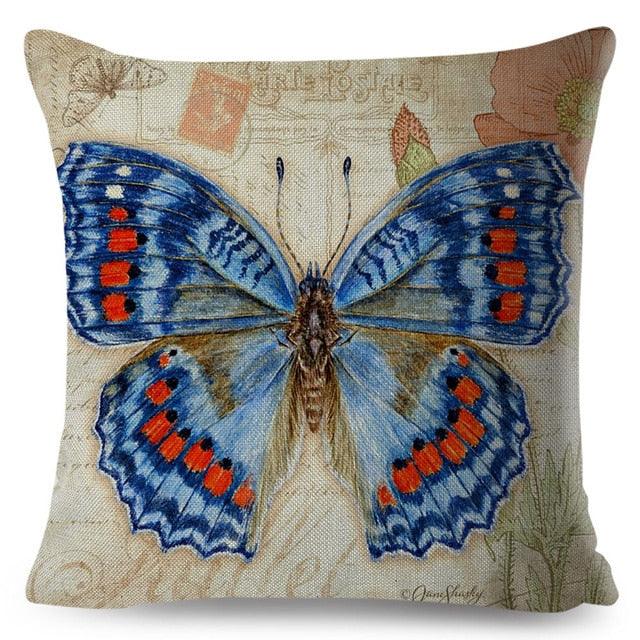 Vintage Europe Style ButteLight Blue Pattern Throw Pillow Covers Old Poster Pillowcase Cotton / Polyester Cushion Cover for Sofa Home Kids Room Butterfly Figure Embellished with Orchid Artistic Leaves Graphic Decorative Square Accent Pillow Case